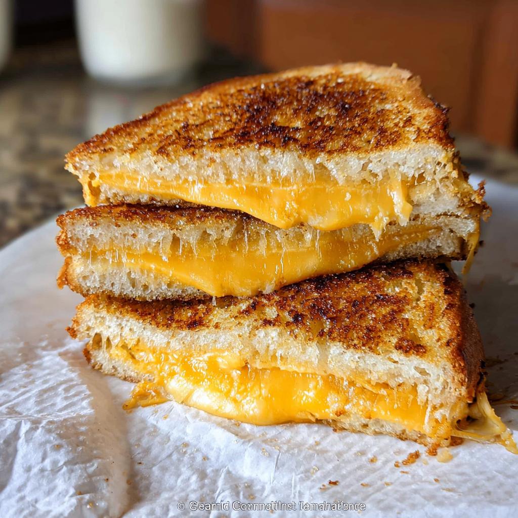 A stack of three perfectly grilled cheese sandwiches, oozing with melted cheddar cheese.