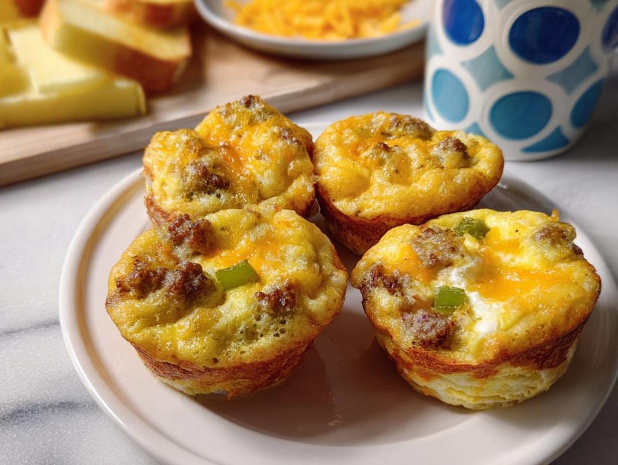 Four savory egg muffins with sausage, cheese, and green peppers, part of 20-Ingredient Breakfast Ideas Recipes.