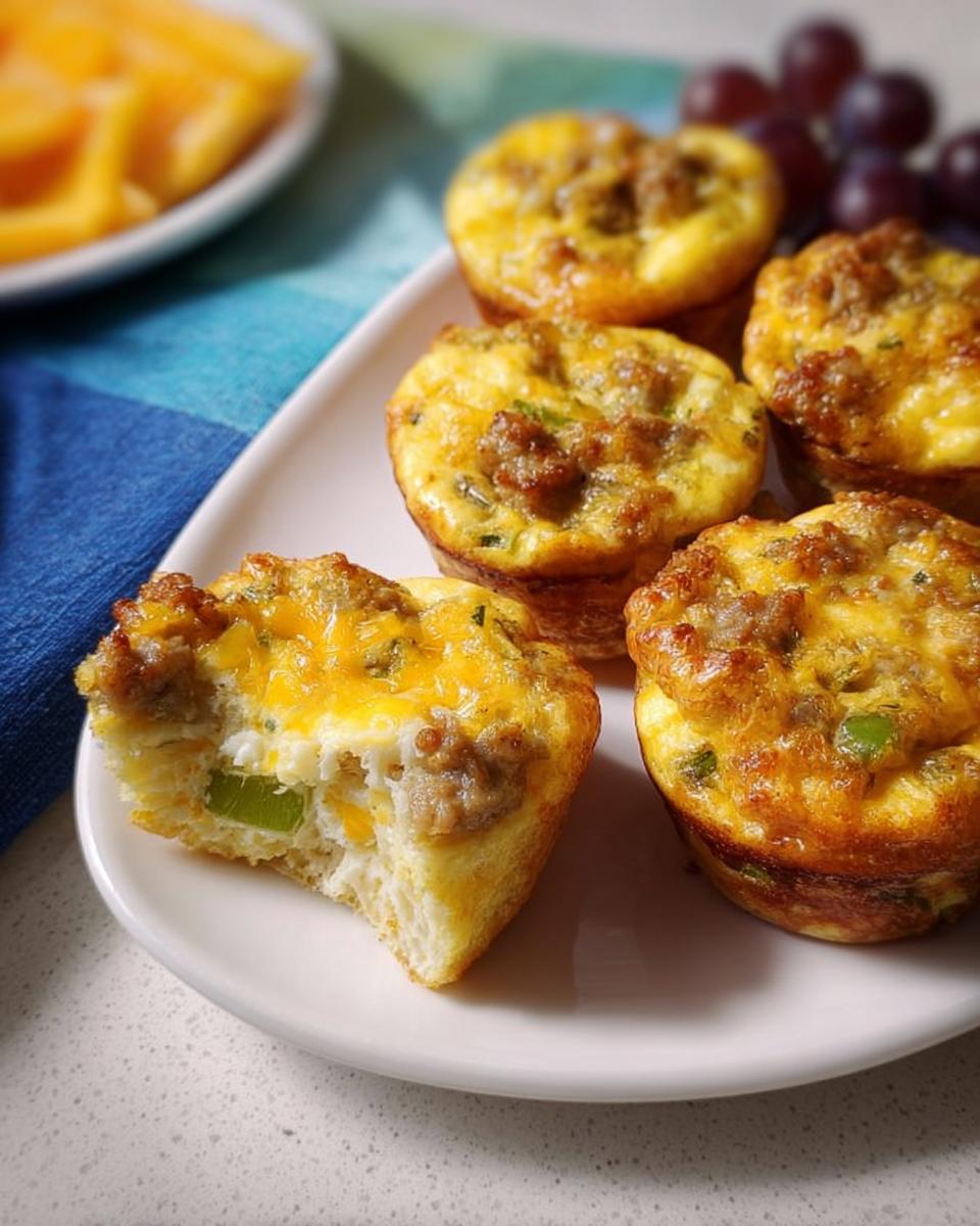 Close-up of savory egg muffins with sausage, cheese, and green peppers, part of 20-Ingredient Breakfast Ideas.