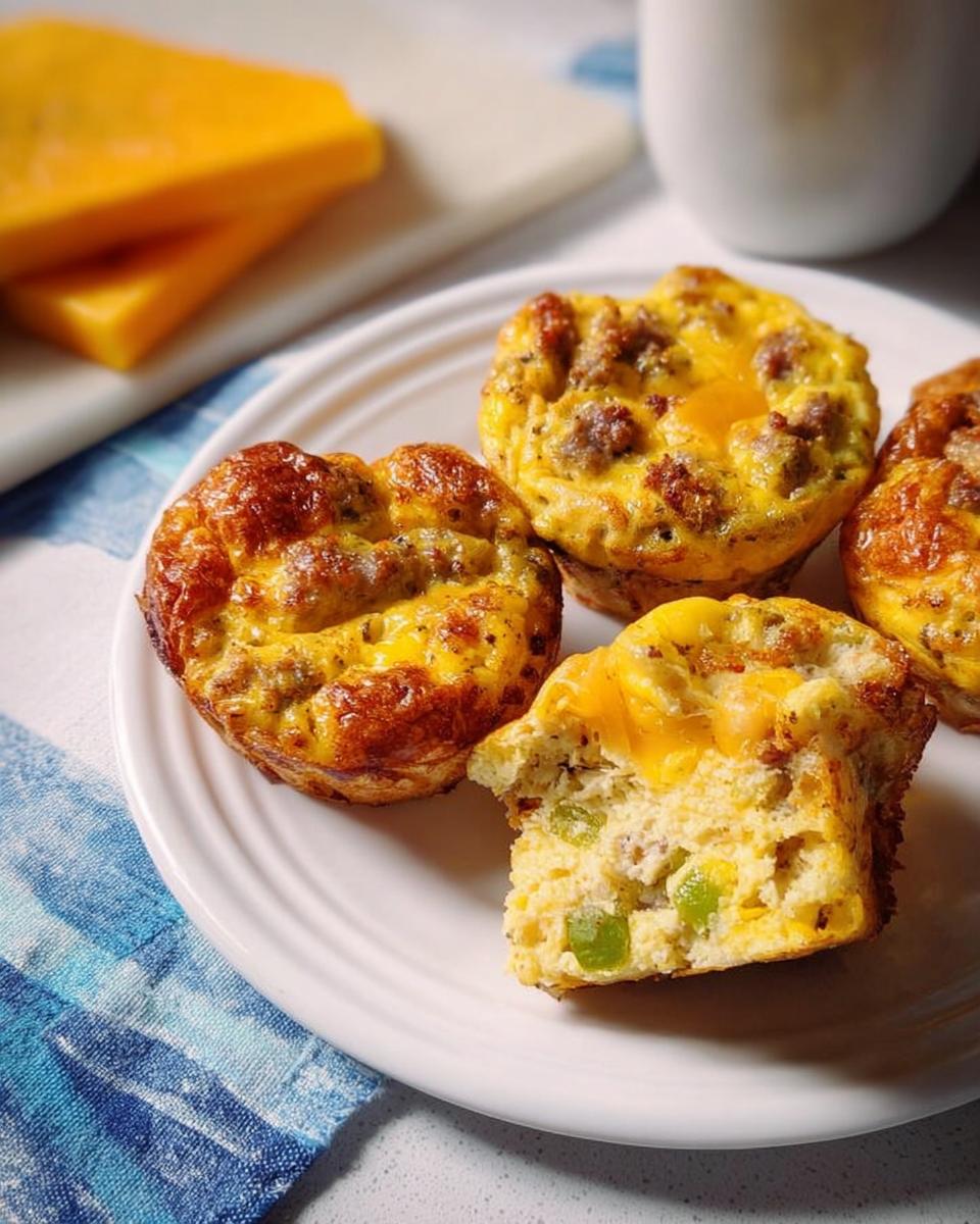 Close-up of sausage and cheese egg muffins, one is bitten into, revealing green peppers and melted cheese. Part of 20-Ingredient Breakfast Ideas Recipes.