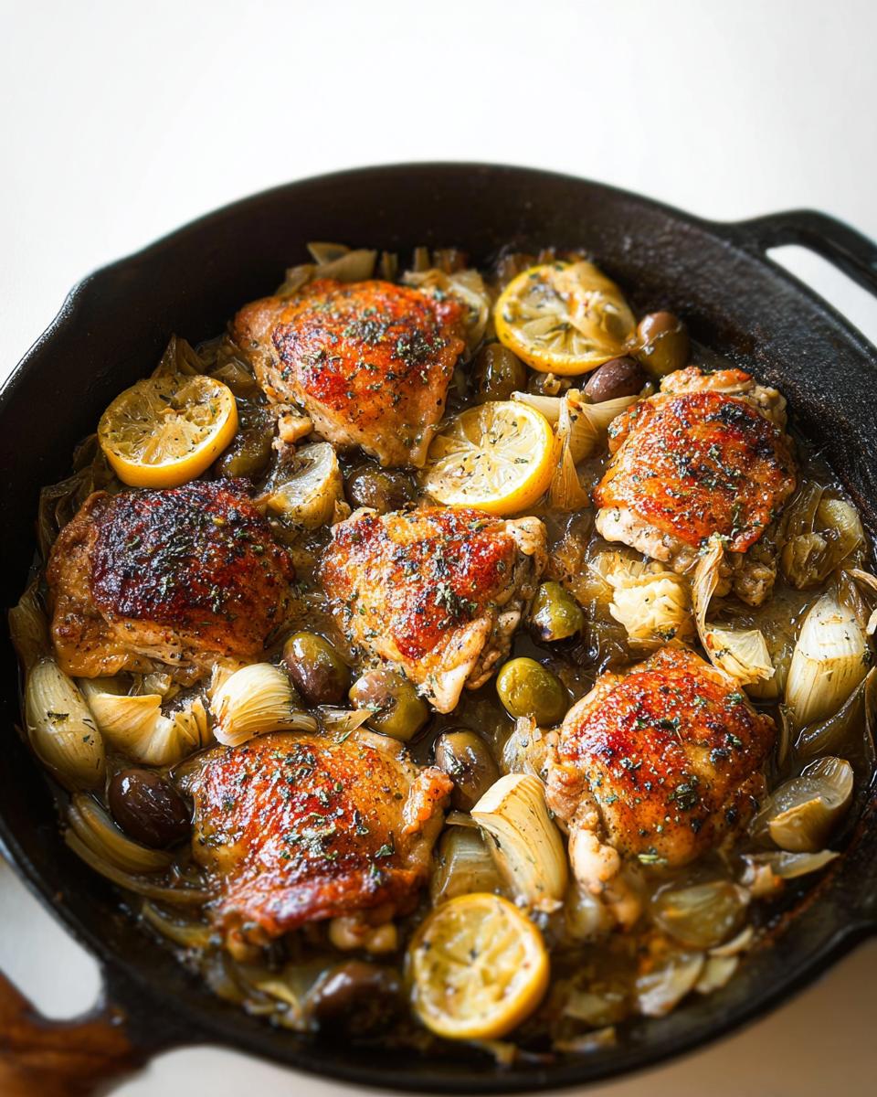 A cast iron skillet filled with 20-ingredient chicken thighs, lemon slices, olives, and onions.