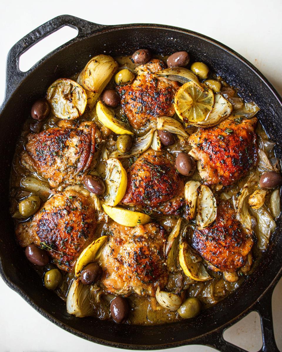 A cast iron skillet filled with 20-ingredient chicken thighs, olives, lemon slices, and herbs.