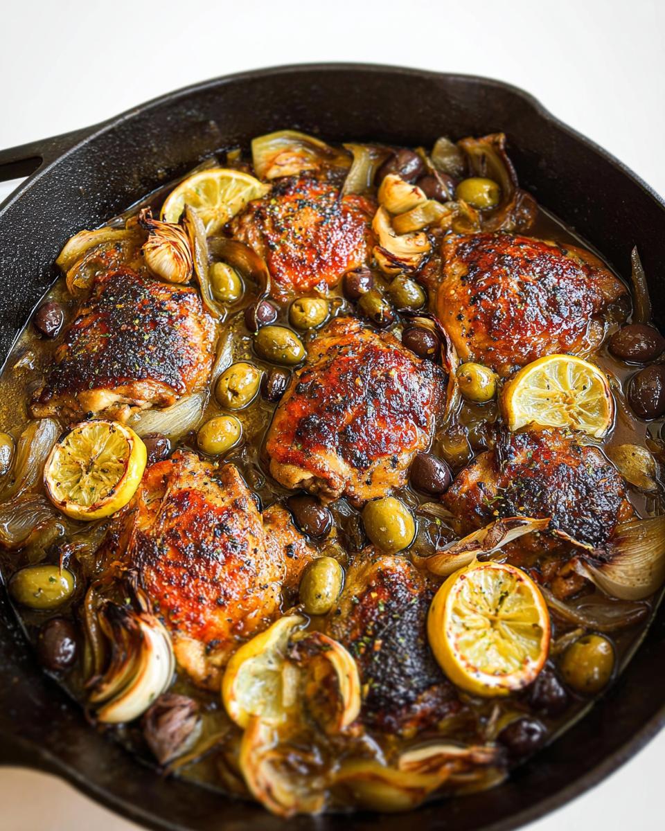 Close-up of 20-ingredient chicken thigh recipe in a cast-iron skillet with olives, lemon slices, and onions.