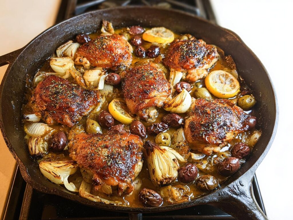 A cast iron skillet filled with 20-ingredient chicken thighs, olives, onions, and lemon slices, baked to perfection.