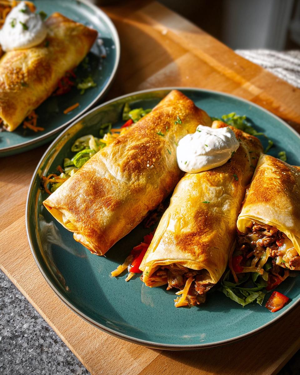Golden baked burritos filled with meat and vegetables, served with a dollop of sour cream, as part of 20-Ingredient Easy Dinner Recipes.