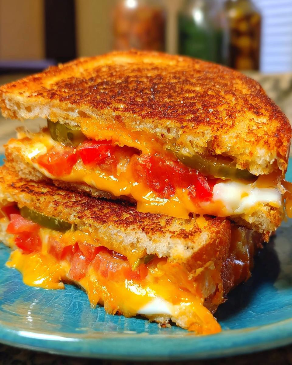 Close-up of a perfectly grilled cheese sandwich, oozing with melted cheese, tomatoes, and pickles.