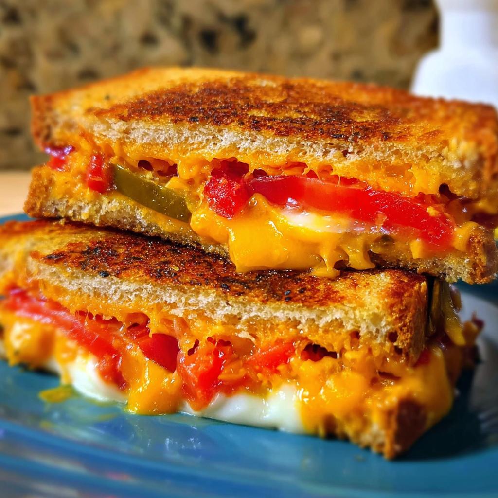 Close-up of a stacked grilled cheese sandwich with melted cheese, jalapeños, and red peppers.