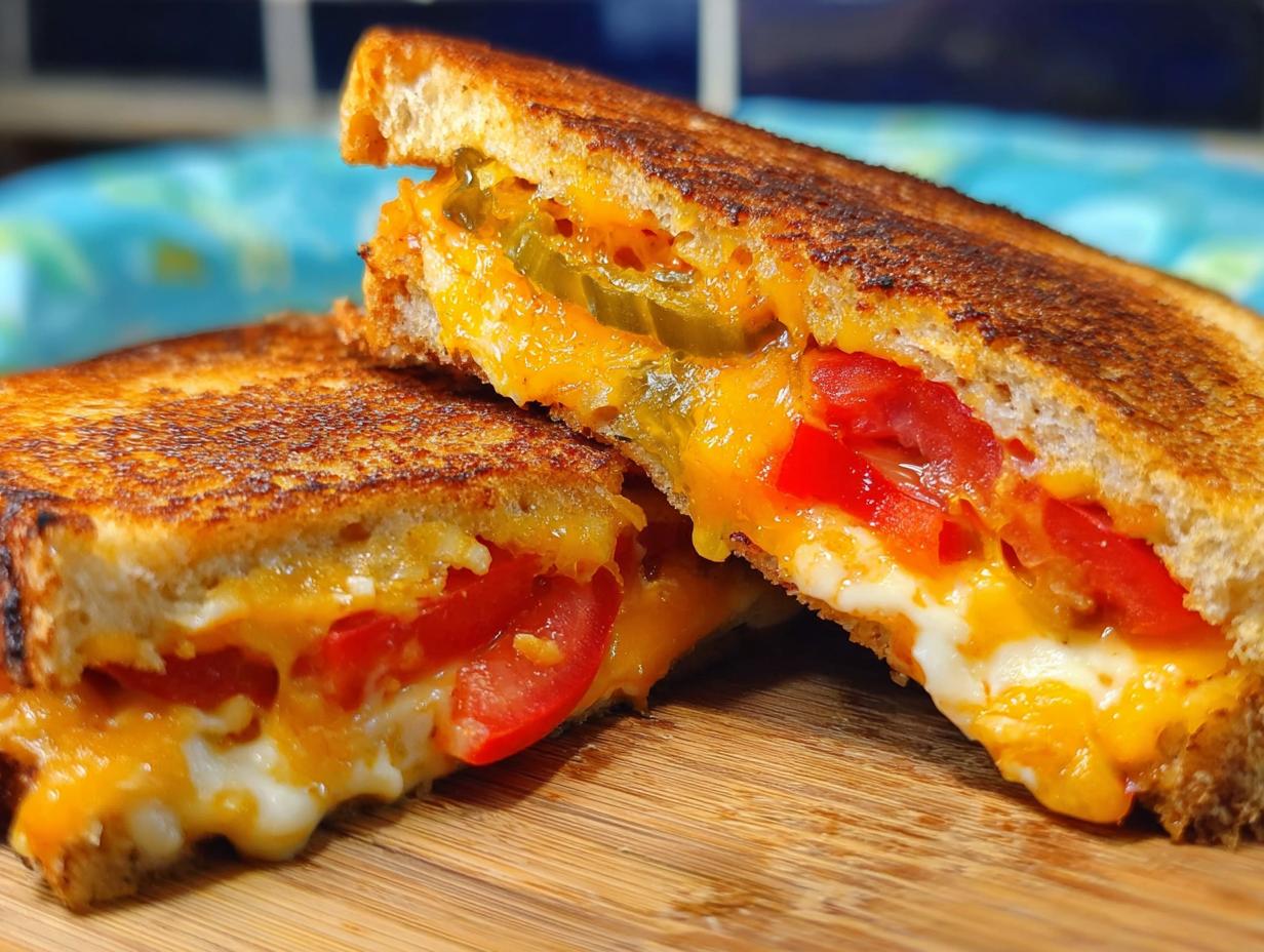 Close-up of a perfectly grilled cheese sandwich cut in half, revealing melted cheese, tomatoes, and pickles.