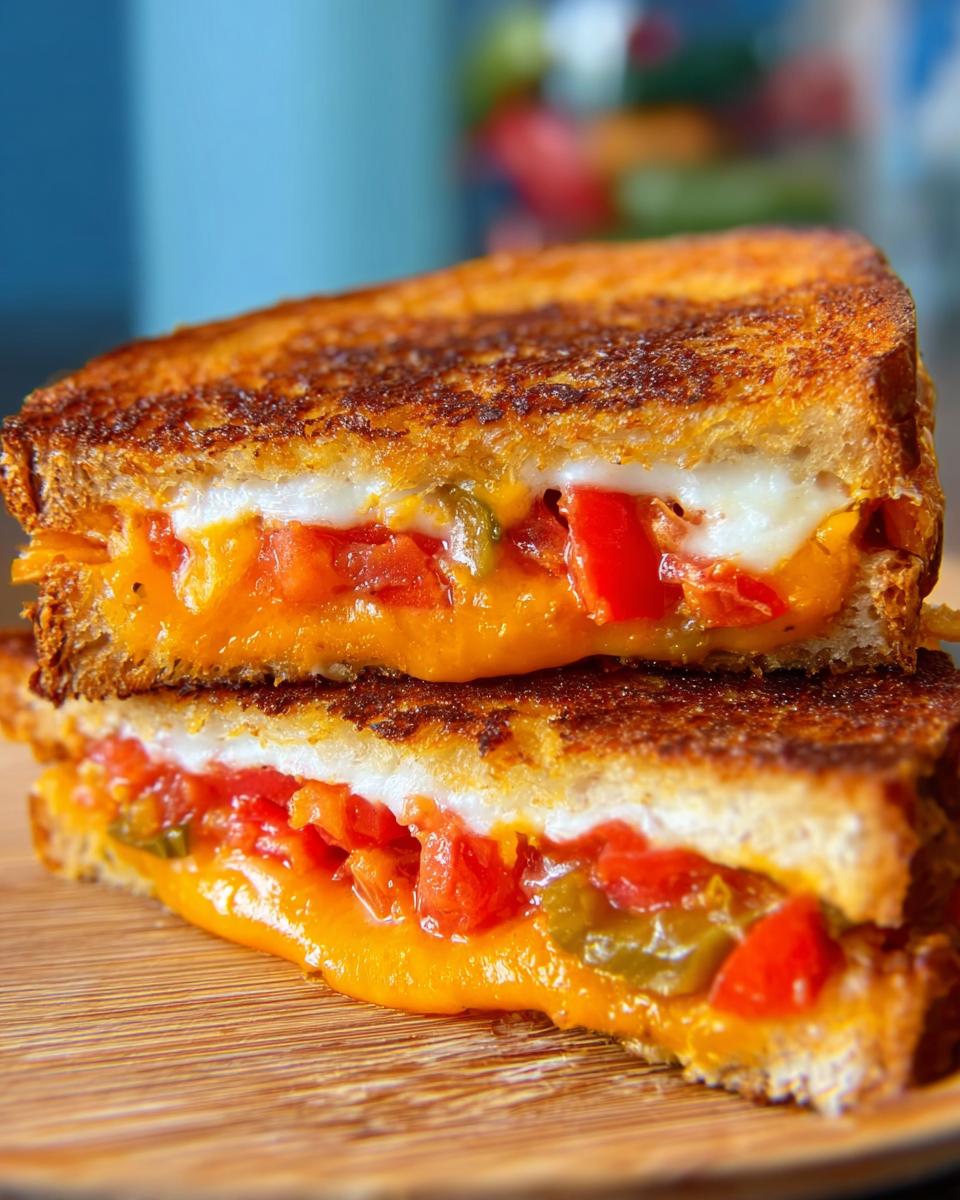 Close-up of a delicious 20-ingredient grilled cheese sandwich, oozing with melted cheese and filled with chopped tomatoes and jalapeños.