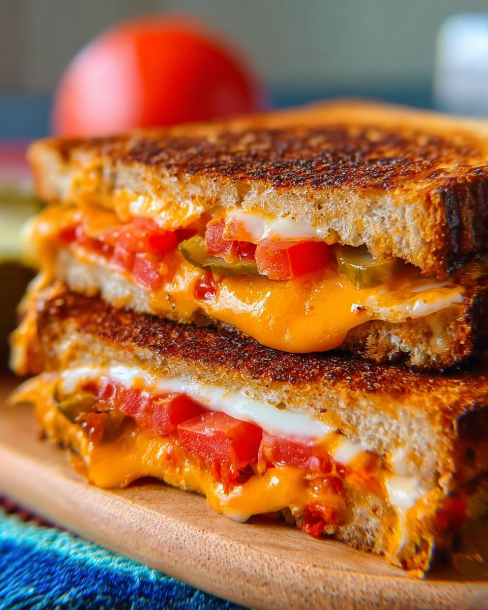 Close-up of a stacked grilled cheese sandwich with melted cheese, diced tomatoes, and pickles.