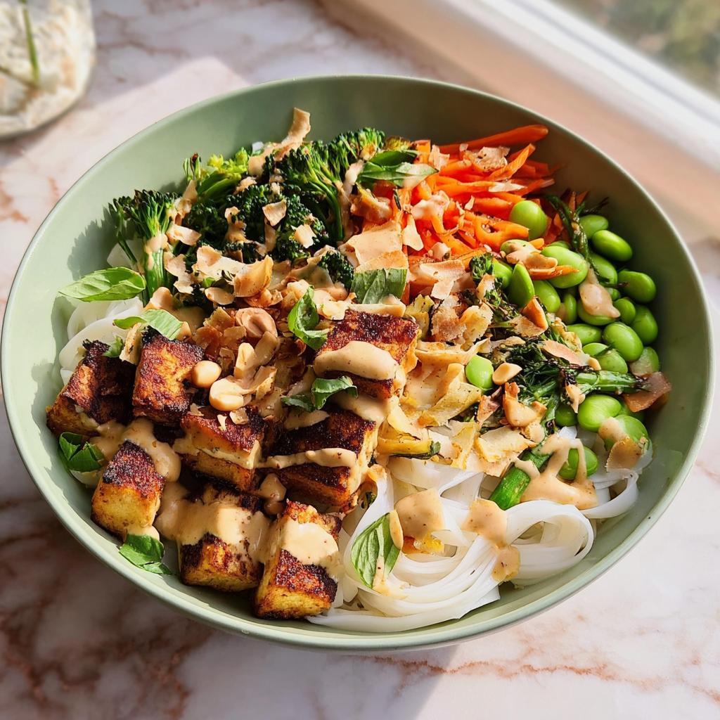 A vibrant bowl of 20-Ingredient Rice Bowls featuring noodles, crispy tofu, broccoli, carrots, and edamame with a creamy sauce.