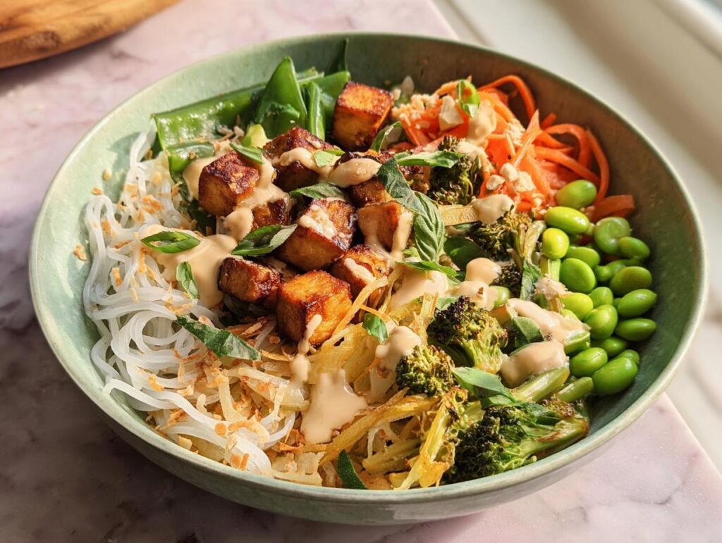A vibrant and flavorful 20-ingredient rice bowl featuring crispy tofu, broccoli, edamame, shredded carrots, and noodles, drizzled with a creamy sauce.