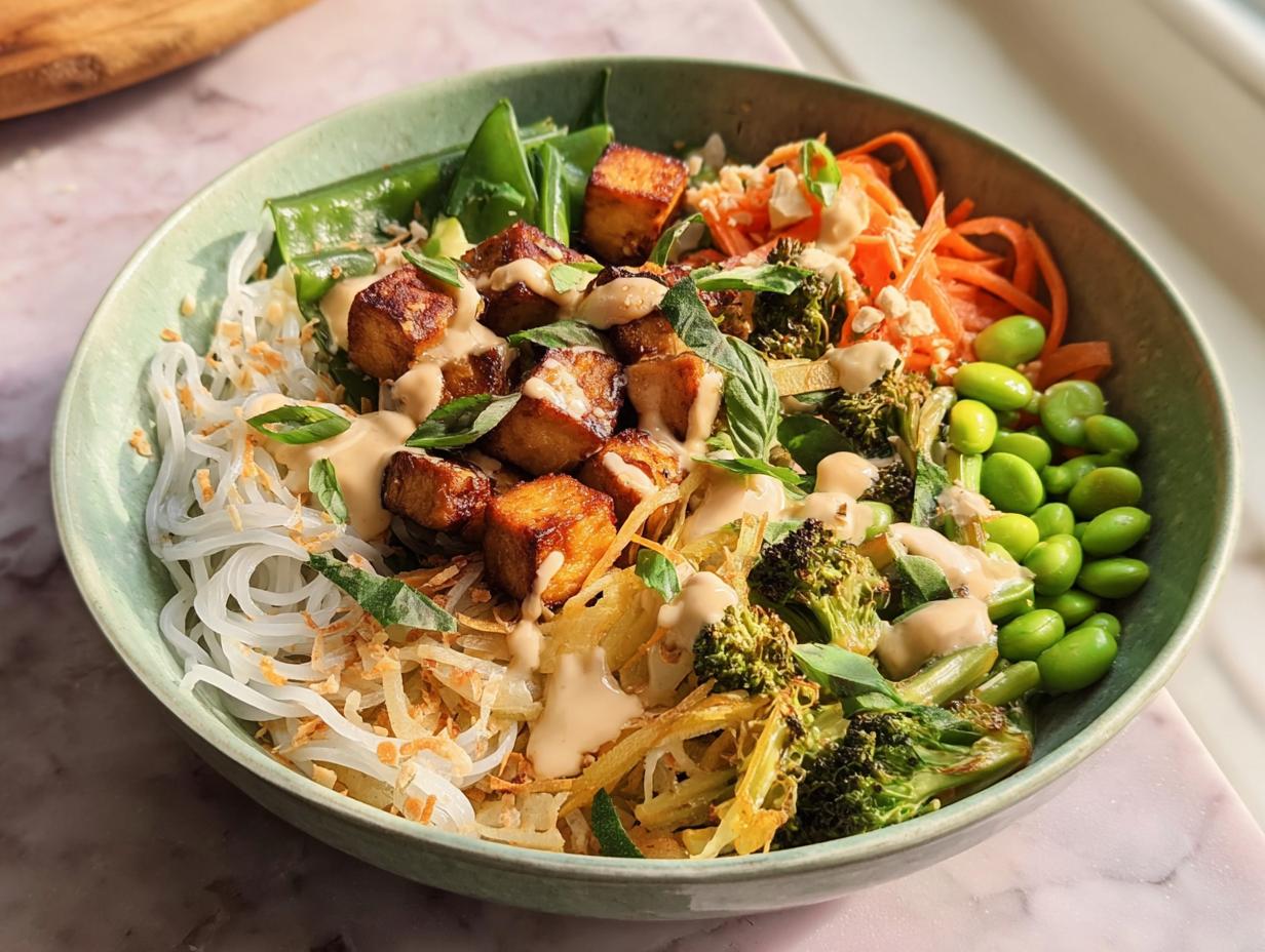 A vibrant and flavorful 20-ingredient rice bowl featuring crispy tofu, broccoli, edamame, shredded carrots, and noodles, drizzled with a creamy sauce.