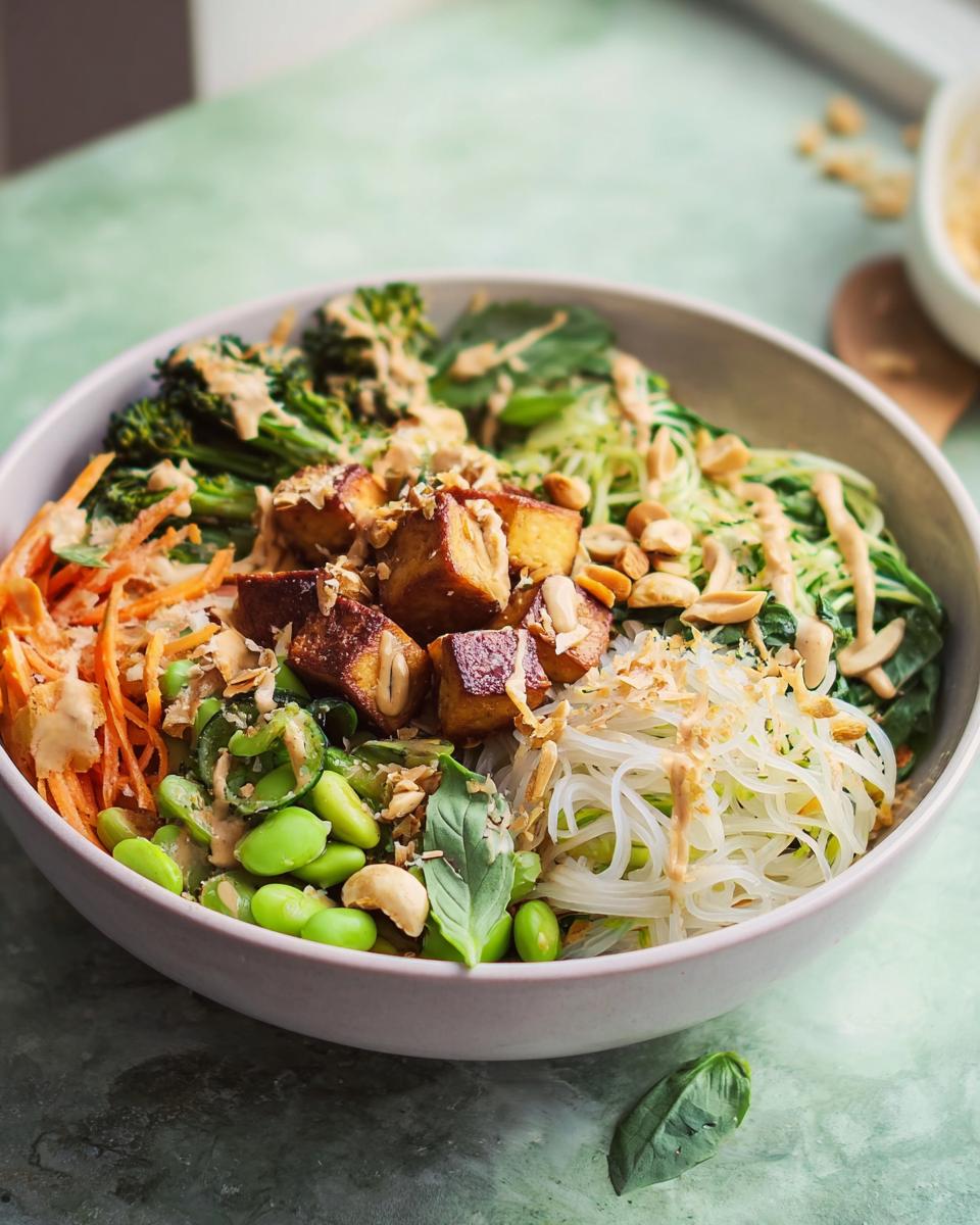 A vibrant bowl of 20-Ingredient Rice Bowls Recipe featuring tofu, edamame, noodles, broccoli, and carrots with a creamy dressing.