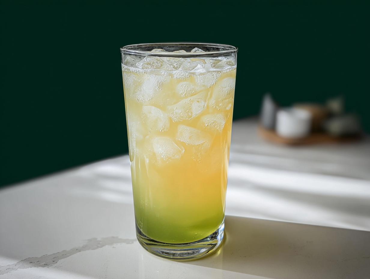 A tall glass filled with ice and a layered yellow and green Starbucks drink, perfect for 20-Ingredient Starbucks Drinks Recipes.