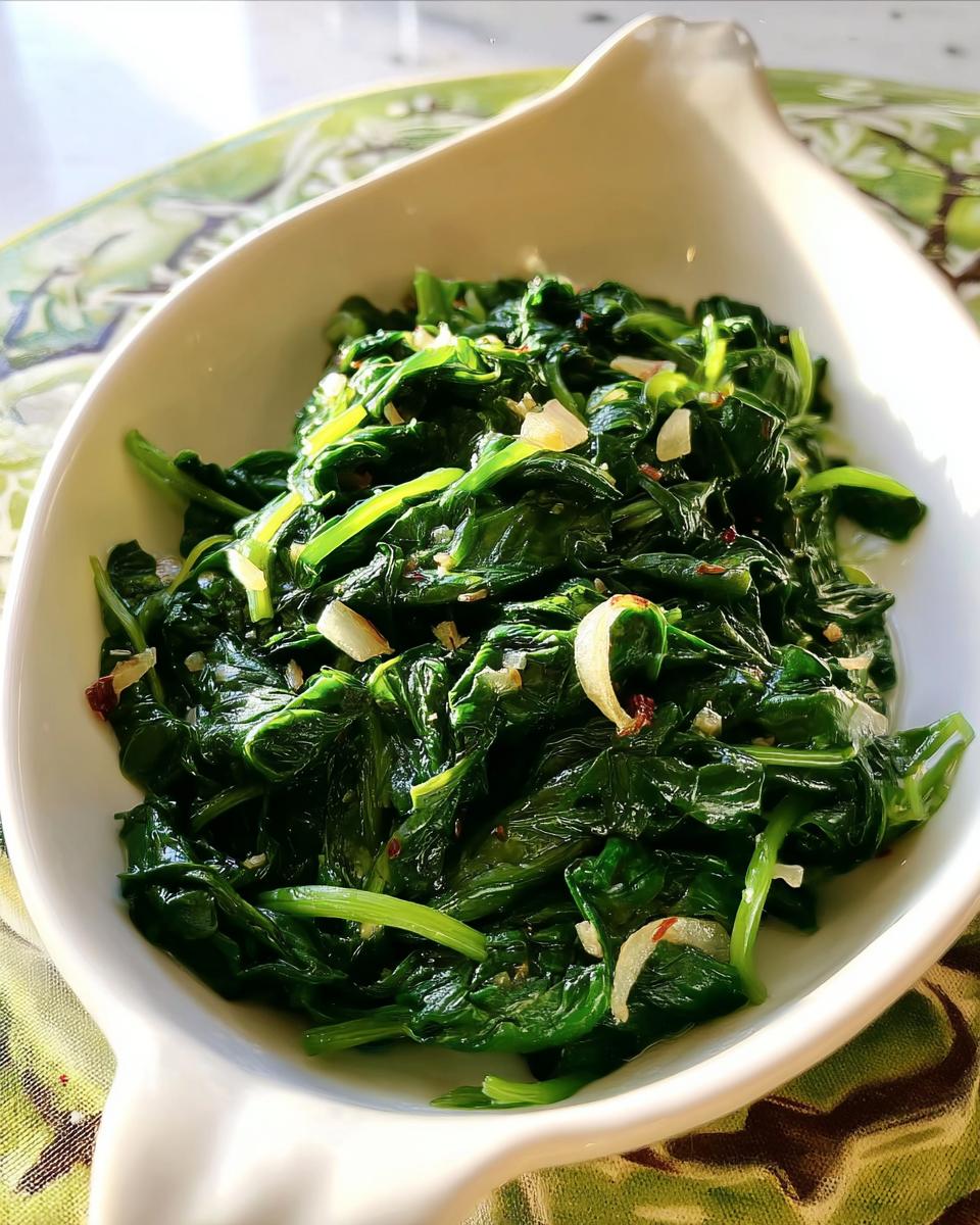 Close-up of sautéed spinach with garlic and chili flakes in a white dish, part of 20-Ingredient Veggie Sides Recipes.