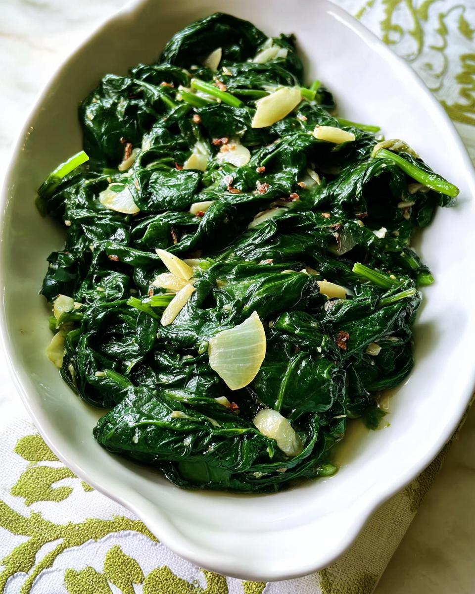 Close-up of garlicky sautéed spinach, a delicious side dish from our 20-Ingredient Veggie Sides Recipes.