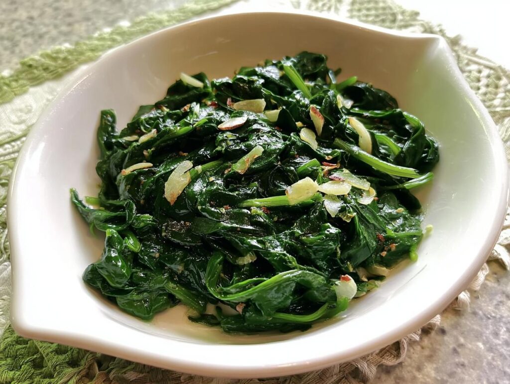 Close-up of a white bowl filled with garlicky sautéed spinach, one of the 20-Ingredient Veggie Sides Recipes.