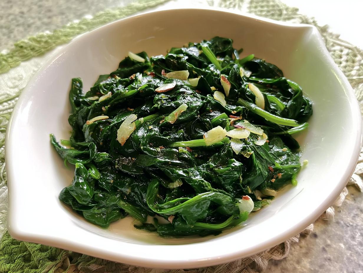 Close-up of a white bowl filled with garlicky sautéed spinach, one of the 20-Ingredient Veggie Sides Recipes.