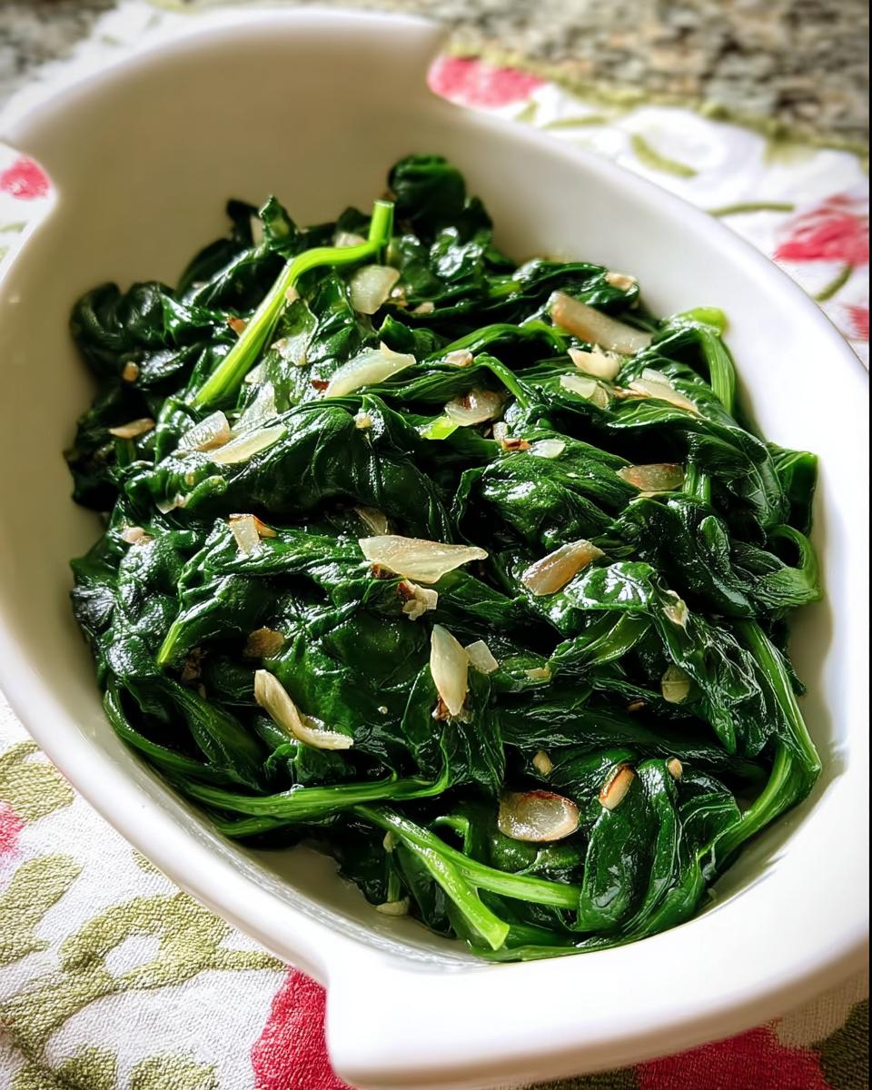 Close-up of sautéed spinach with sliced garlic in a white serving dish, part of 20-Ingredient Veggie Sides Recipes.