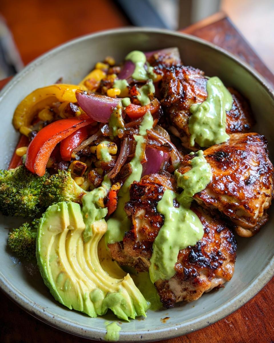 A bowl of 20-minute chicken dinner featuring grilled chicken thighs, roasted vegetables, avocado slices, and a drizzle of green sauce.