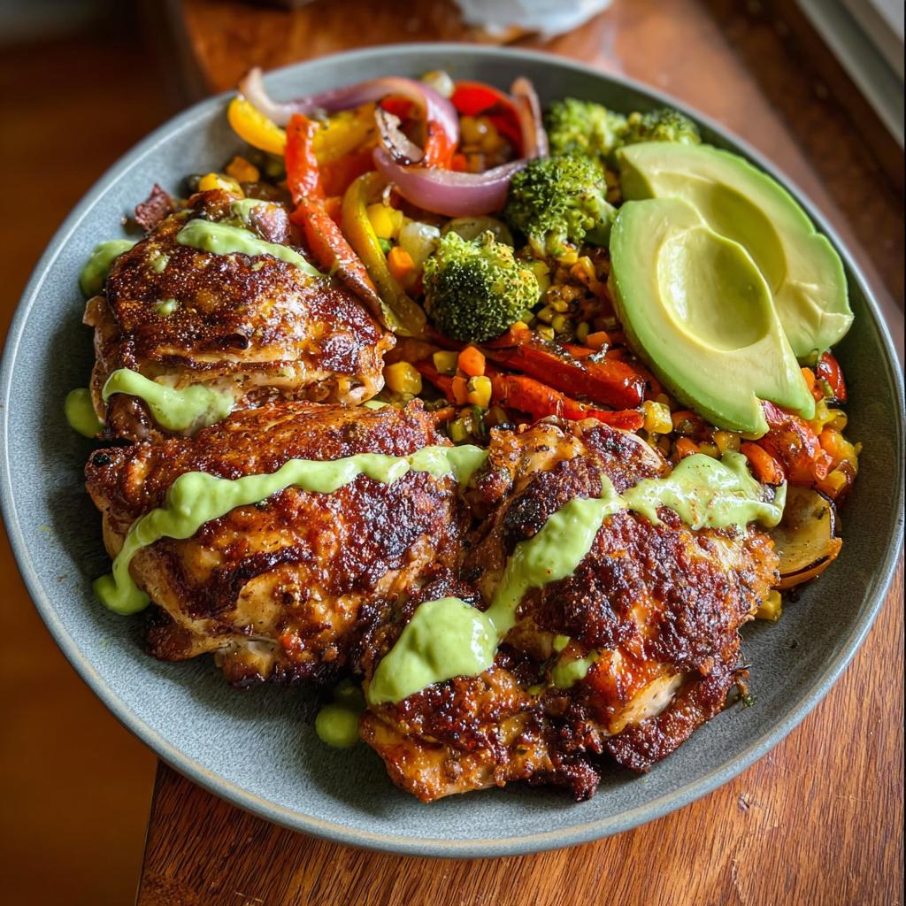 A delicious bowl of 20-minute chicken recipe featuring crispy chicken thighs, roasted vegetables, and avocado slices with a green sauce.