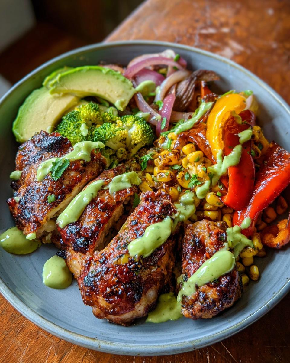 A vibrant bowl featuring grilled chicken pieces, avocado slices, broccoli, corn, bell peppers, and red onion, drizzled with a green sauce.