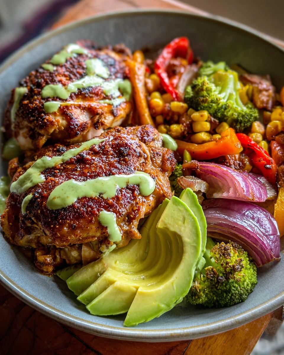 A colorful bowl of 20-minute chicken recipes featuring grilled chicken thighs, roasted vegetables, and avocado slices, drizzled with green sauce.