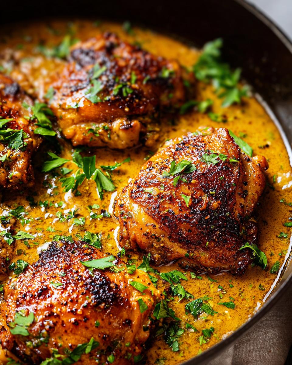 Close-up of crispy chicken thighs in a creamy sauce, garnished with fresh parsley. A quick and easy chicken thigh recipe.