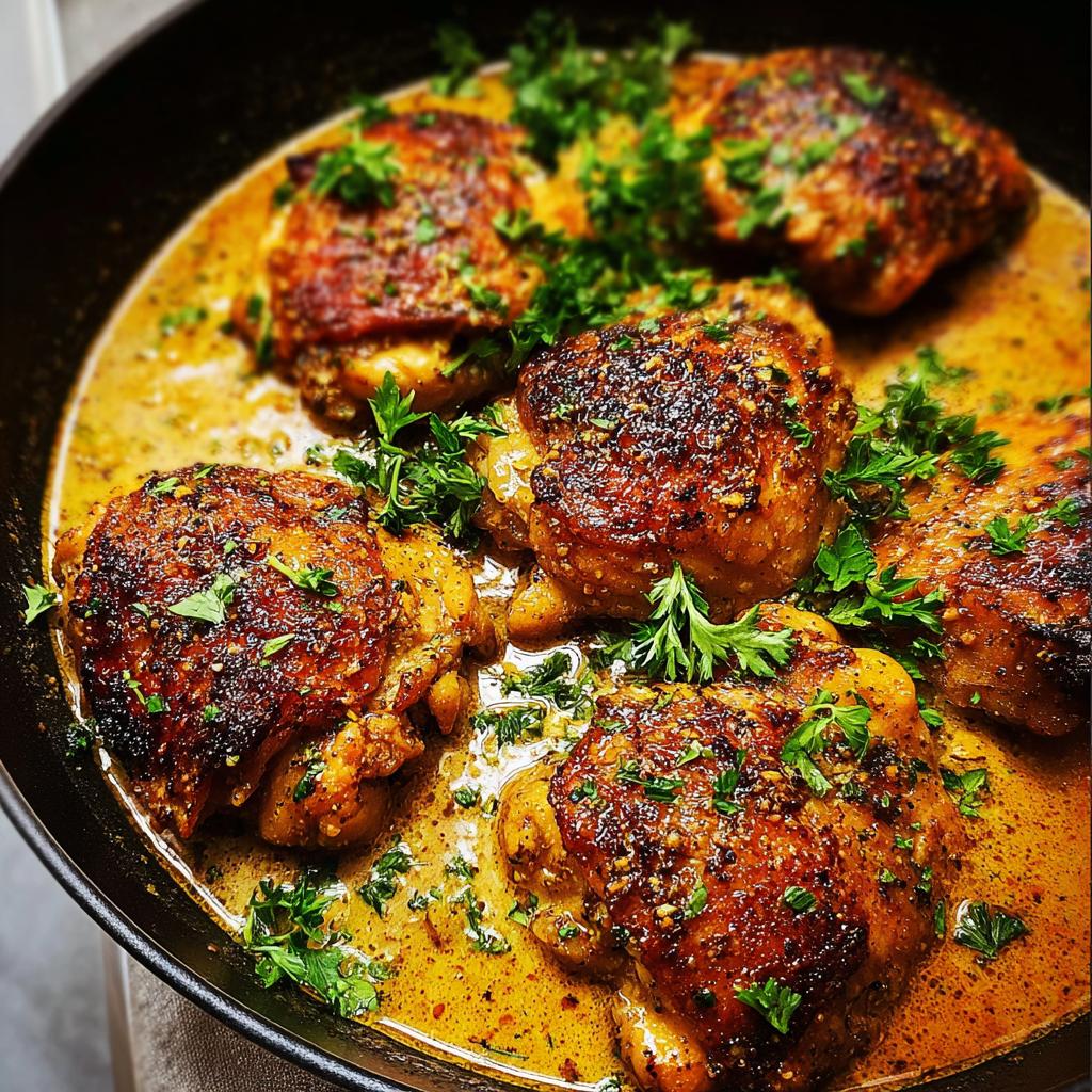 Close-up of 20-minute crispy chicken thighs simmering in a rich, creamy sauce, garnished with fresh parsley.