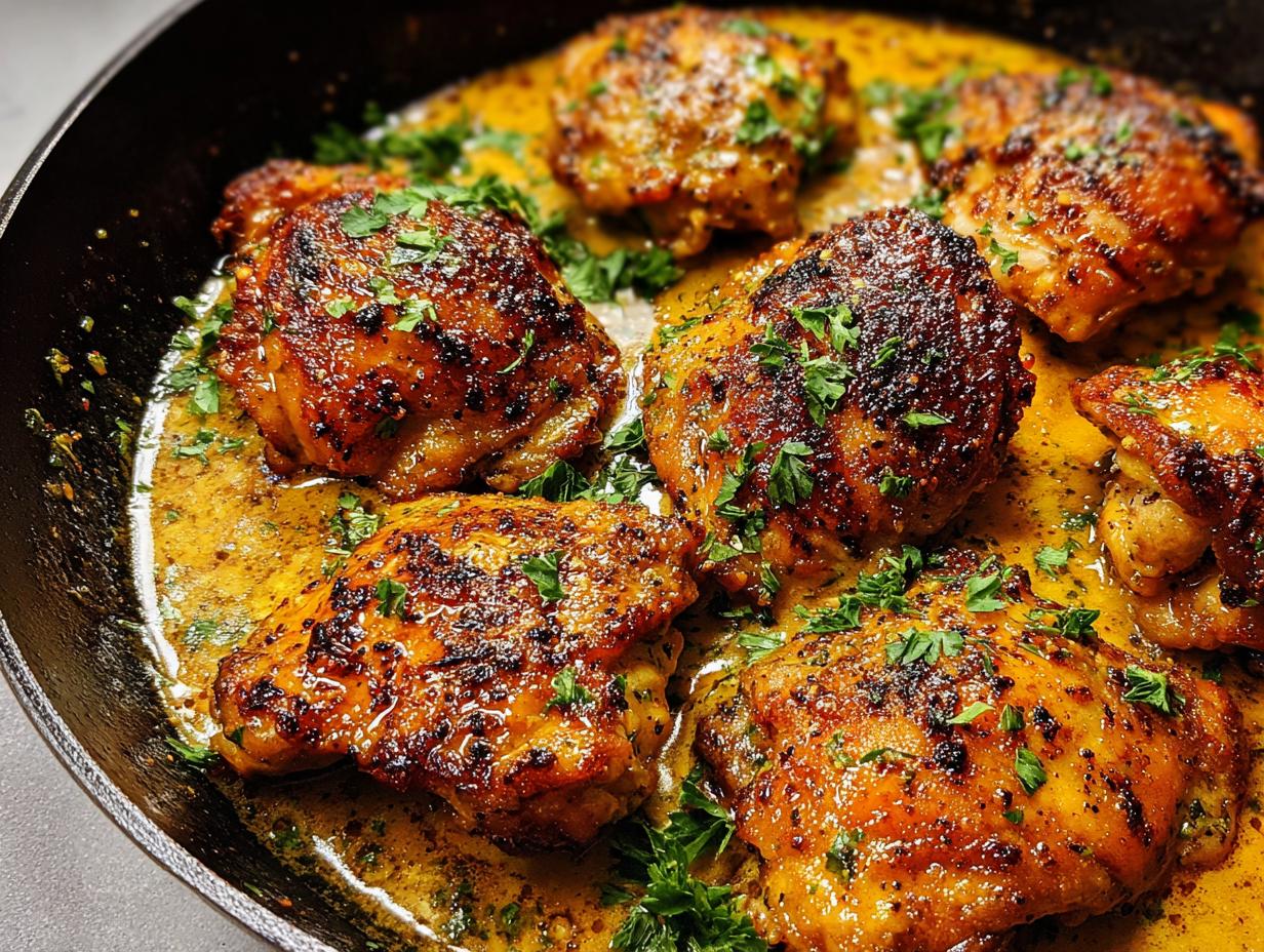 Close-up of crispy, golden-brown chicken thighs in a creamy sauce, garnished with fresh parsley. A perfect example of chicken thigh recipes in 20 minutes.