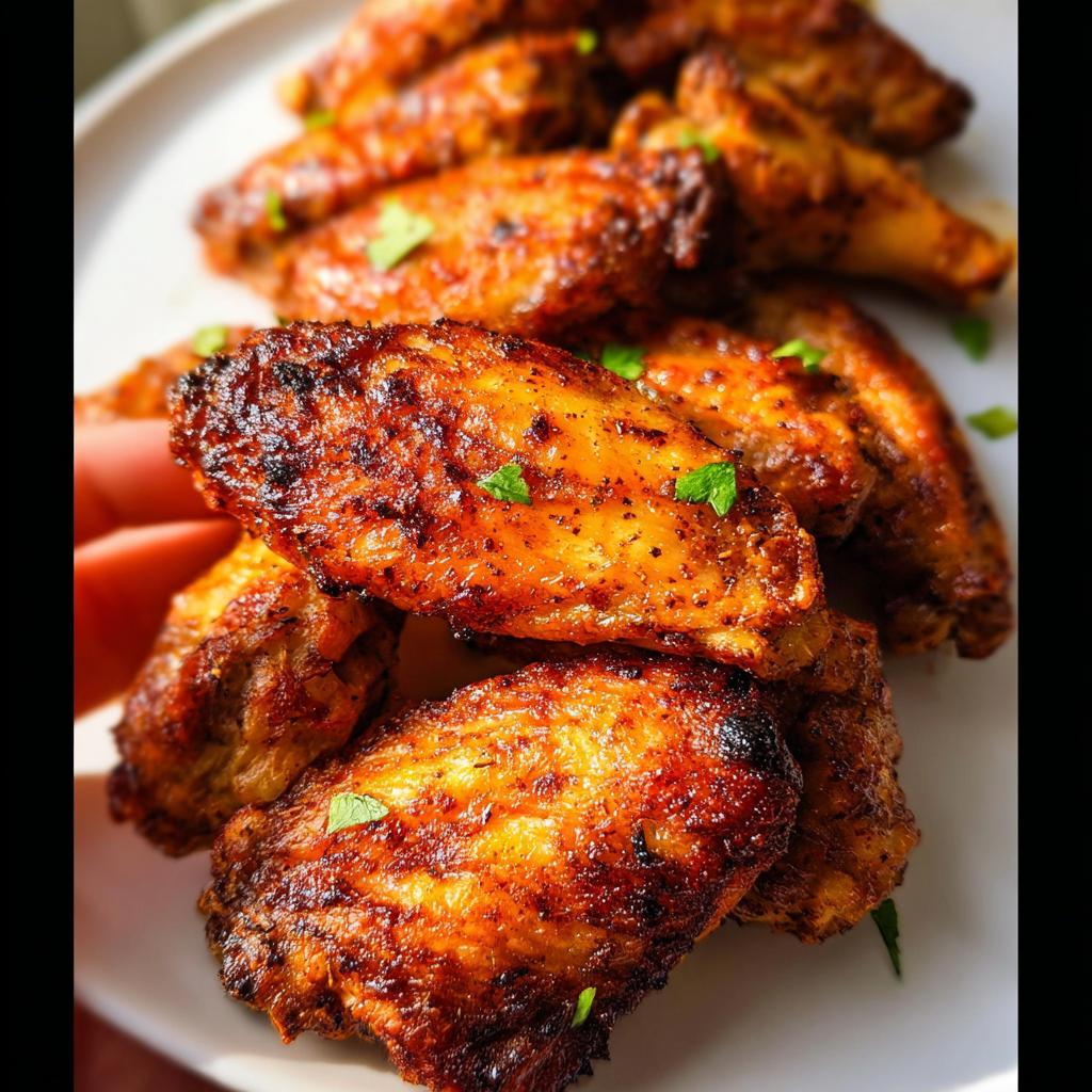 Close-up of perfectly seasoned and baked 25-ingredient chicken wings, garnished with parsley.