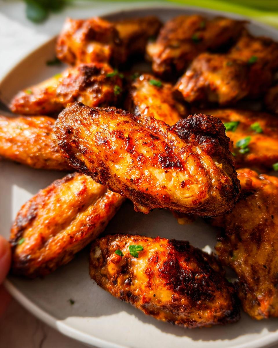 A close-up shot of a plate piled high with delicious, crispy 25-ingredient chicken wings, garnished with fresh herbs.