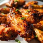 Close-up of perfectly cooked, crispy 25-ingredient chicken wings, garnished with fresh herbs.