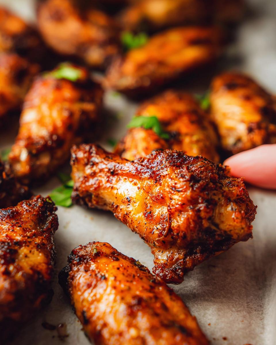 Close-up of perfectly cooked, crispy 25-ingredient chicken wings with a flavorful spice rub and fresh parsley garnish.