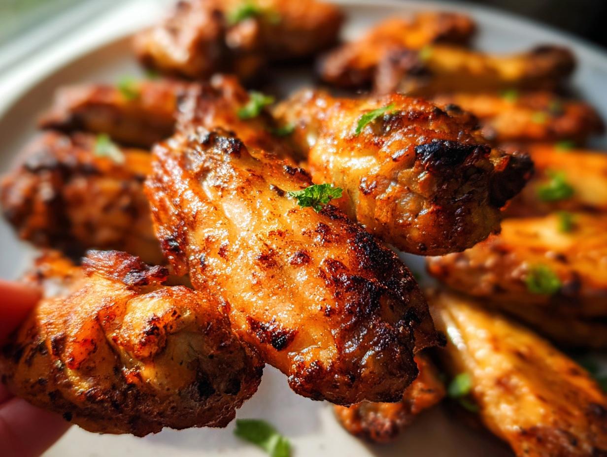 Close-up of perfectly cooked, crispy 25-ingredient chicken wings, garnished with fresh herbs.