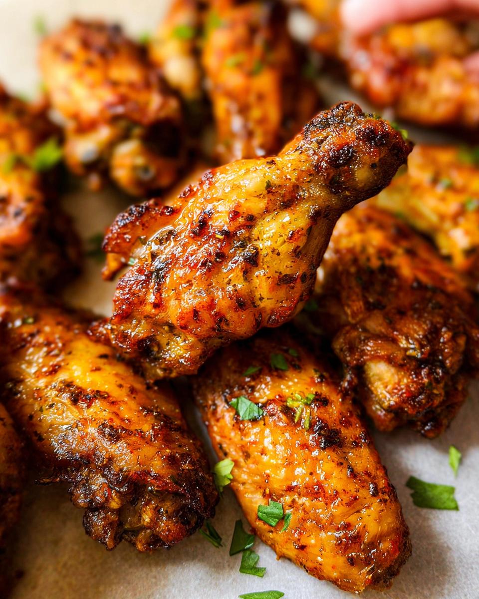 Close-up of perfectly cooked 25-ingredient chicken wings, seasoned and garnished with fresh parsley.