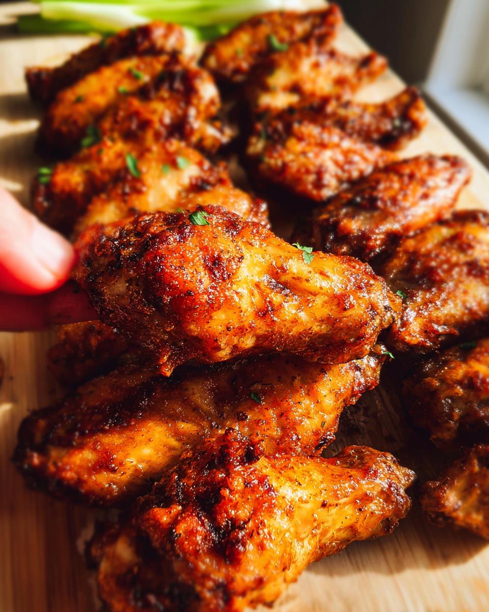 A hand reaching for a pile of perfectly cooked 25-ingredient chicken wings, seasoned and golden brown.