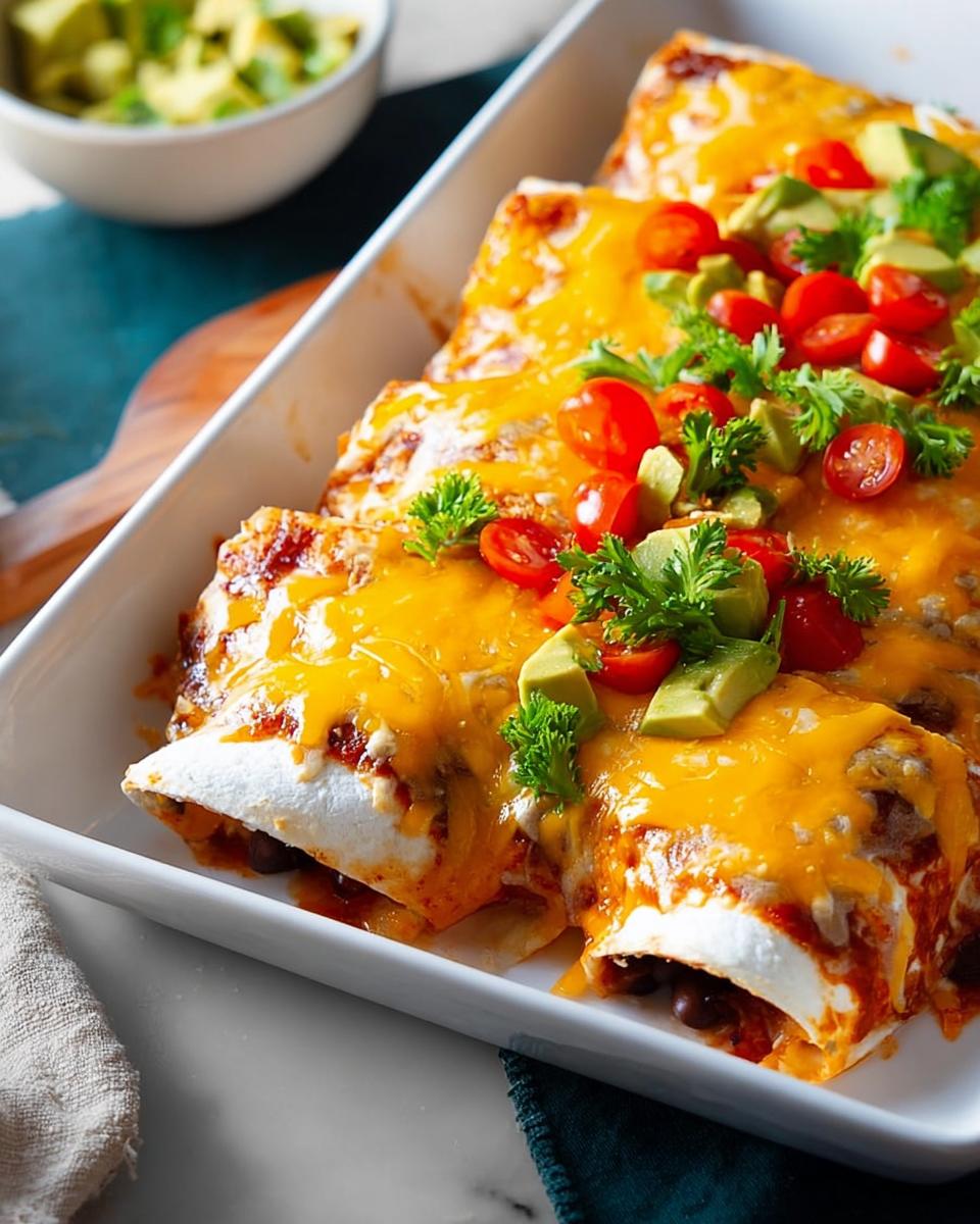 A white baking dish filled with cheesy enchiladas, topped with fresh avocado, cherry tomatoes, and parsley. Part of 25-Ingredient Healthy Meals Recipes.