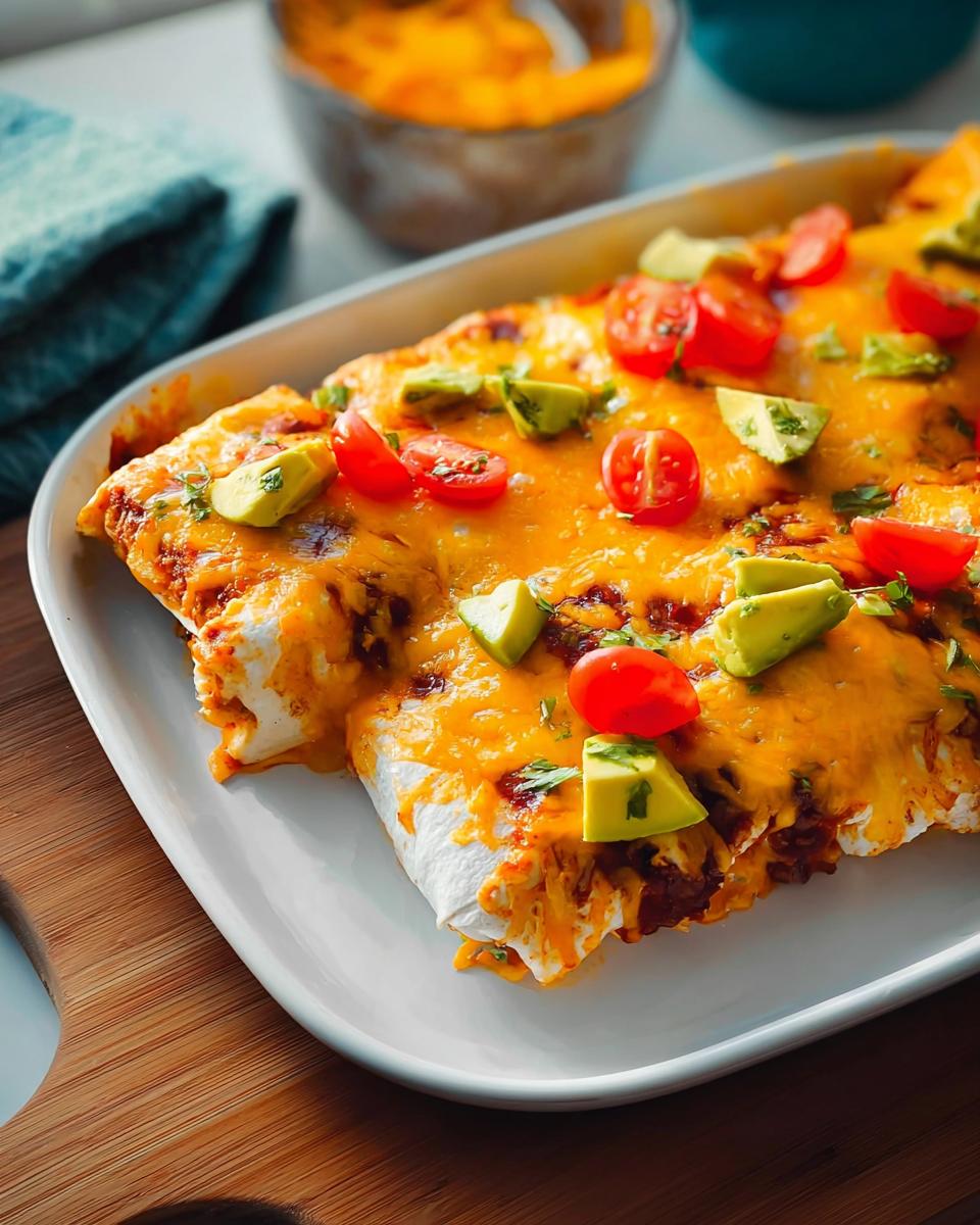 Close-up of cheesy enchiladas topped with fresh avocado and cherry tomatoes, part of 25-Ingredient Healthy Meals Recipes.