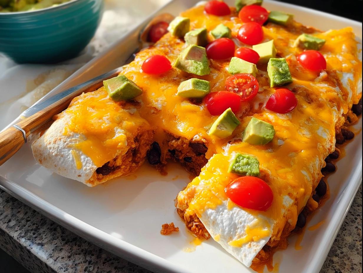 A platter of healthy enchiladas topped with melted cheese, diced avocado, and cherry tomatoes, part of 25-Ingredient Healthy Meals Recipes.