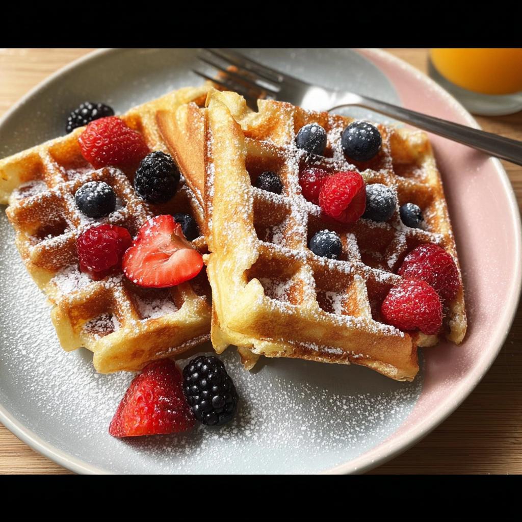 Two golden waffles topped with fresh strawberries, raspberries, blueberries, and blackberries, dusted with powdered sugar.