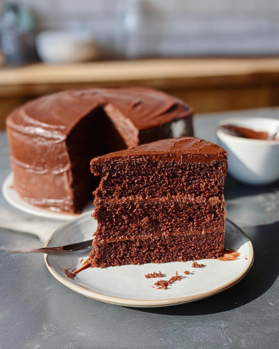 A slice of rich, moist chocolate cake with chocolate frosting, part of a whole cake in the background. A simple 7-Ingredient Cake Idea.