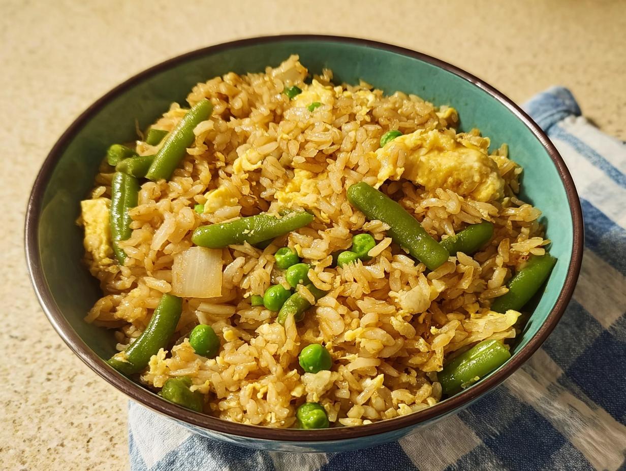 A close-up of a teal bowl filled with 7-ingredient egg fried rice, featuring green beans, peas, and scrambled egg.