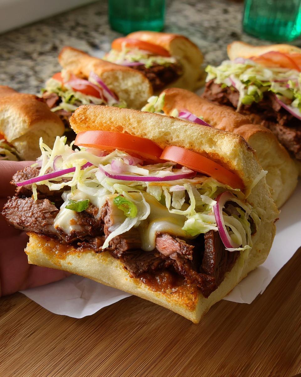 Close-up of a hearty steak sandwich with melted cheese, lettuce, tomato, and red onion, part of 7-Ingredient Sandwich Ideas Recipes.