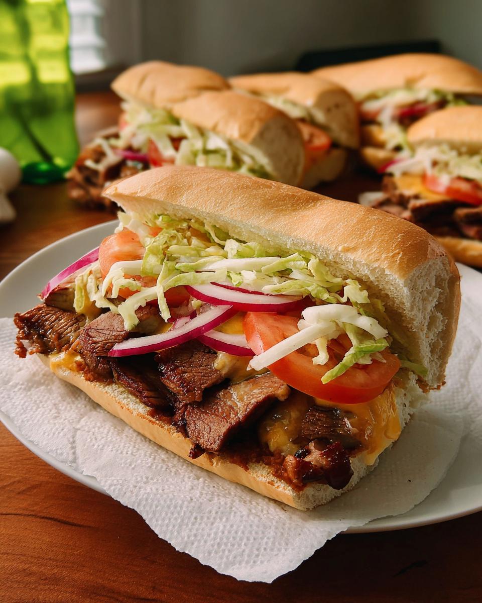 A close-up of a hearty steak sandwich with melted cheese, lettuce, tomato, and red onion, part of 7-Ingredient Sandwich Ideas Recipes.