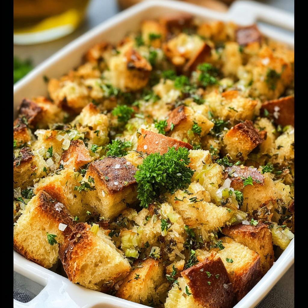 Close-up of a white baking dish filled with golden brown 7-Ingredient Stuffing, garnished with fresh parsley.