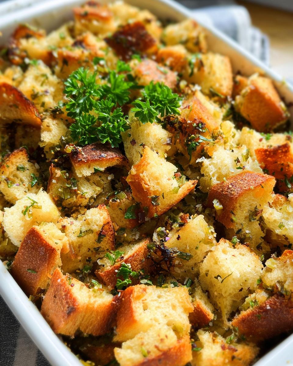 Close-up of a white baking dish filled with golden brown 7-ingredient stuffing, garnished with fresh parsley.