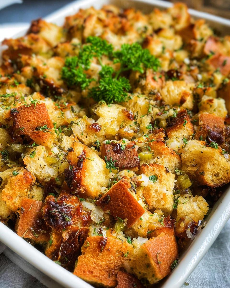 Close-up of a white baking dish filled with golden brown 7-Ingredient Stuffing, garnished with fresh parsley.