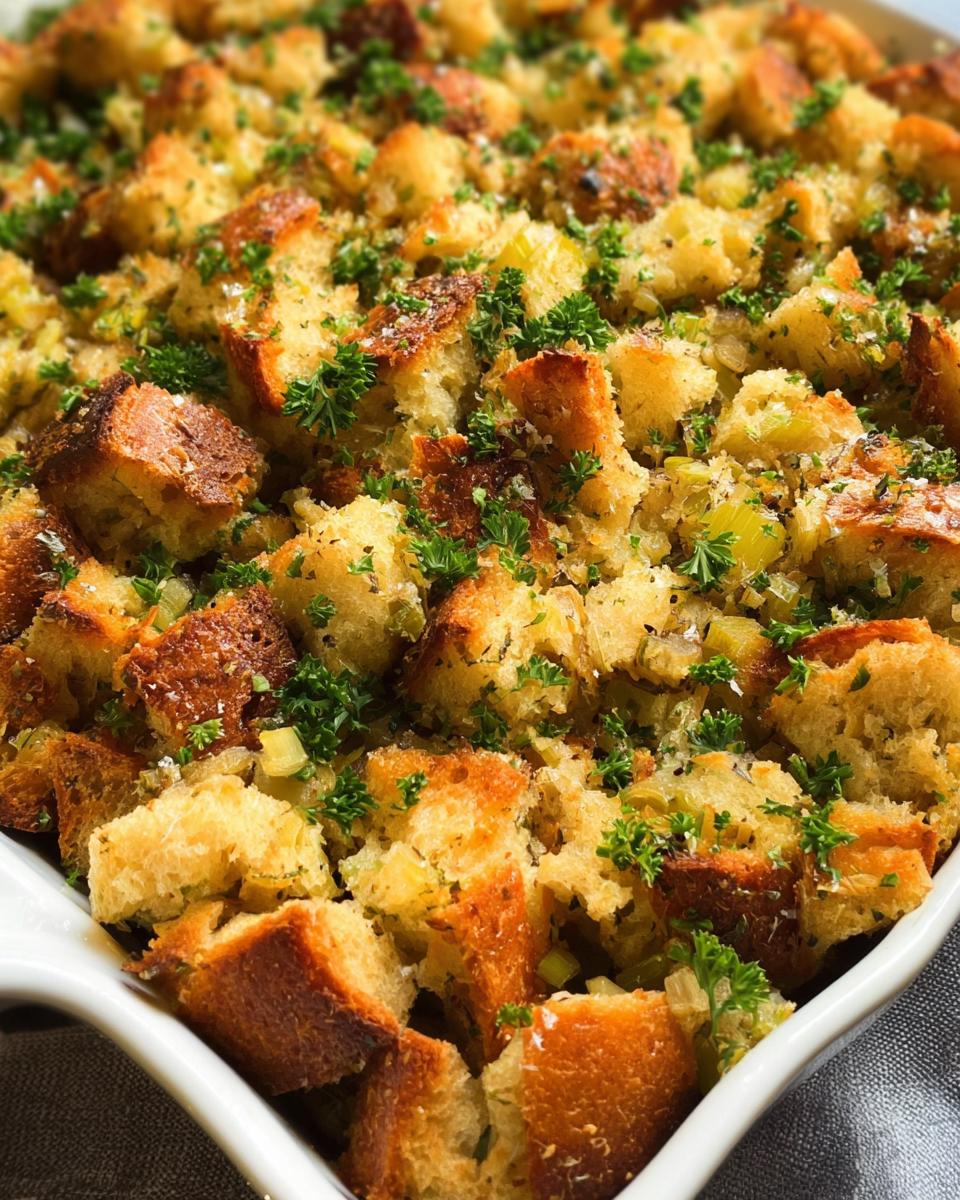 Close-up of a baked 7-ingredient stuffing recipe in a white dish, topped with fresh parsley.